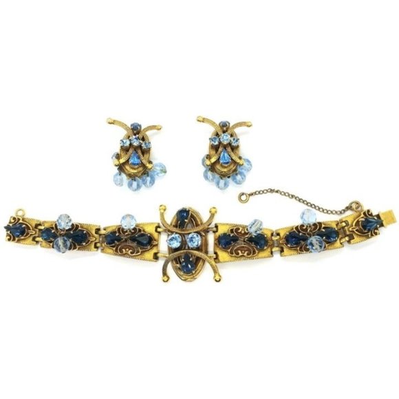 Elegant Vintage Gold Tone Blue Bead & Rhinestone Statement Earrings Bracelet Set - Picture 1 of 4